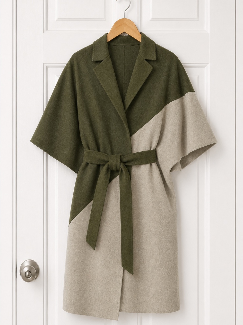 Ellen Tracy Olive and Beige Colorblock Wrap Cape Coat Sz L/XL